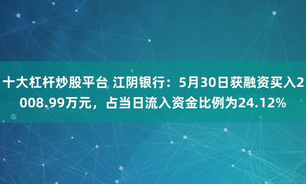 十大杠杆炒股平台 江阴银行：5月30日获融资买入2008.99万元，占当日流入资金比例为24.12%
